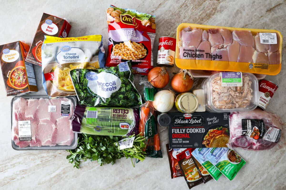 Ingredients for freezing meals laid on the counter. 