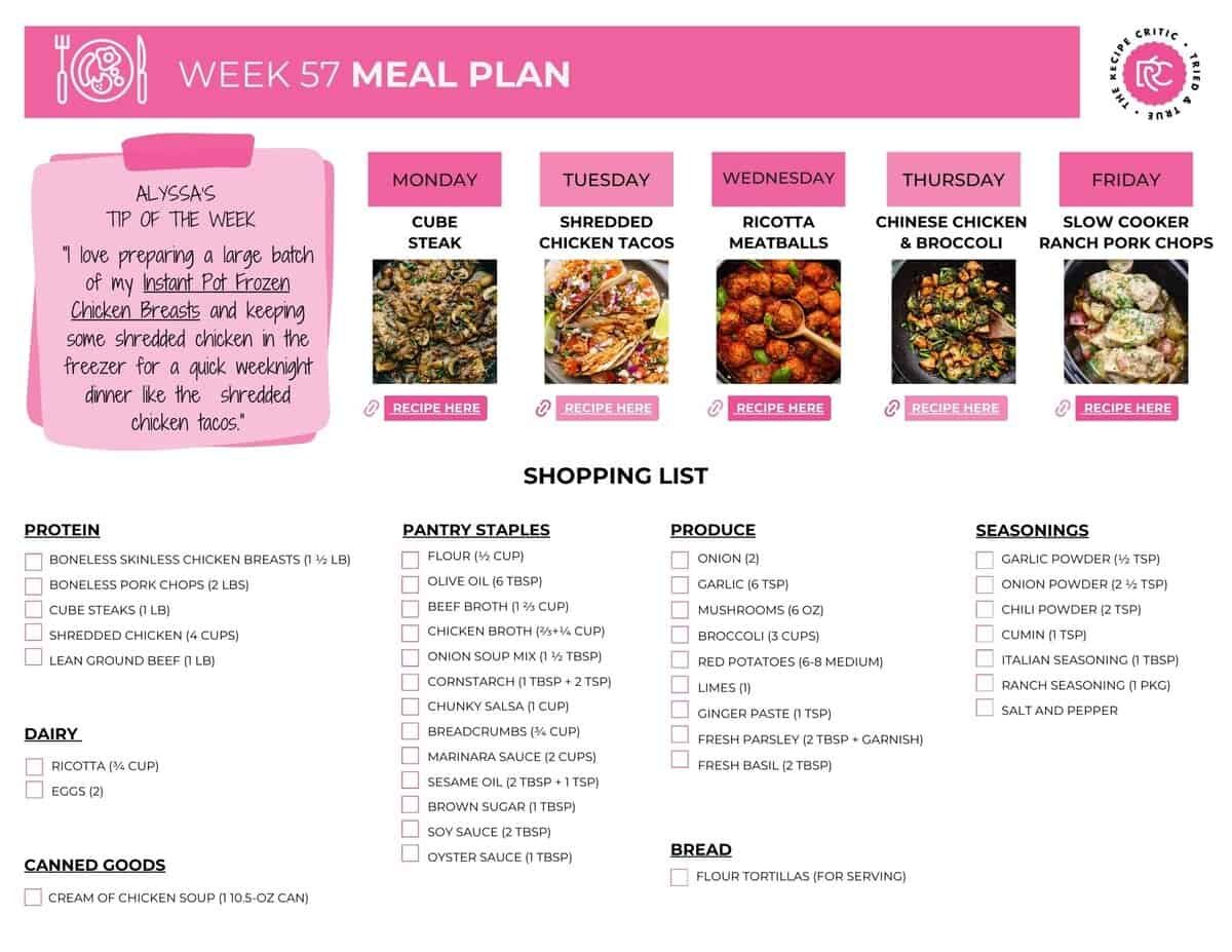 This weekly meal plan is full of cordial family favorites. They are light, nice dinners that everyone will love and leftovers that you are actually looking forward to. Image of the free printable shopping Lis for the weekly meal plan.
