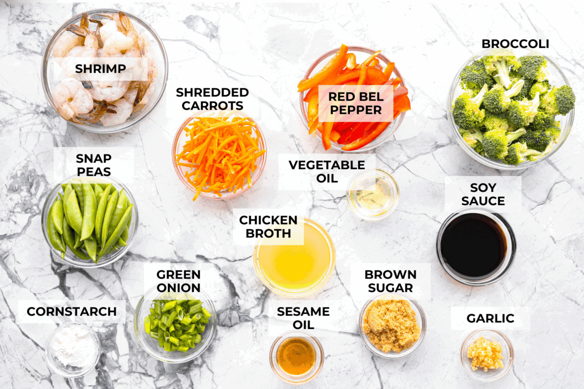 Overhead shoots of labeled ingredients.