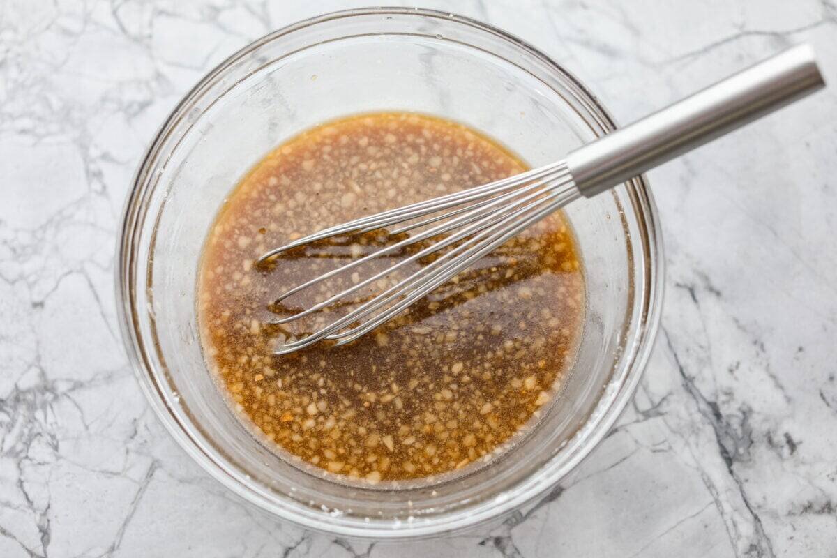 Garlic shrimp roast frying sauce ingredients whipped together in a bowl. 